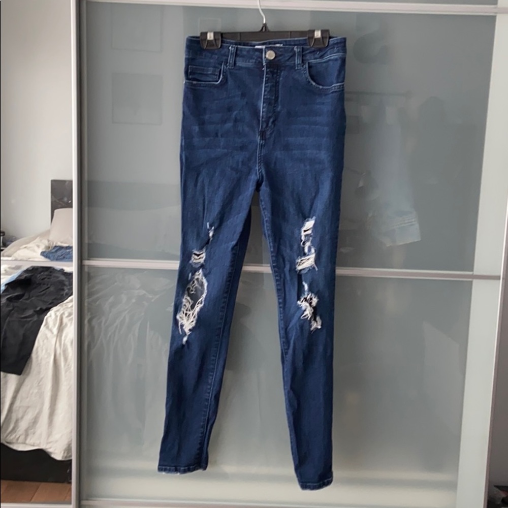 Distressed denim high waisted jeans, dark wash
